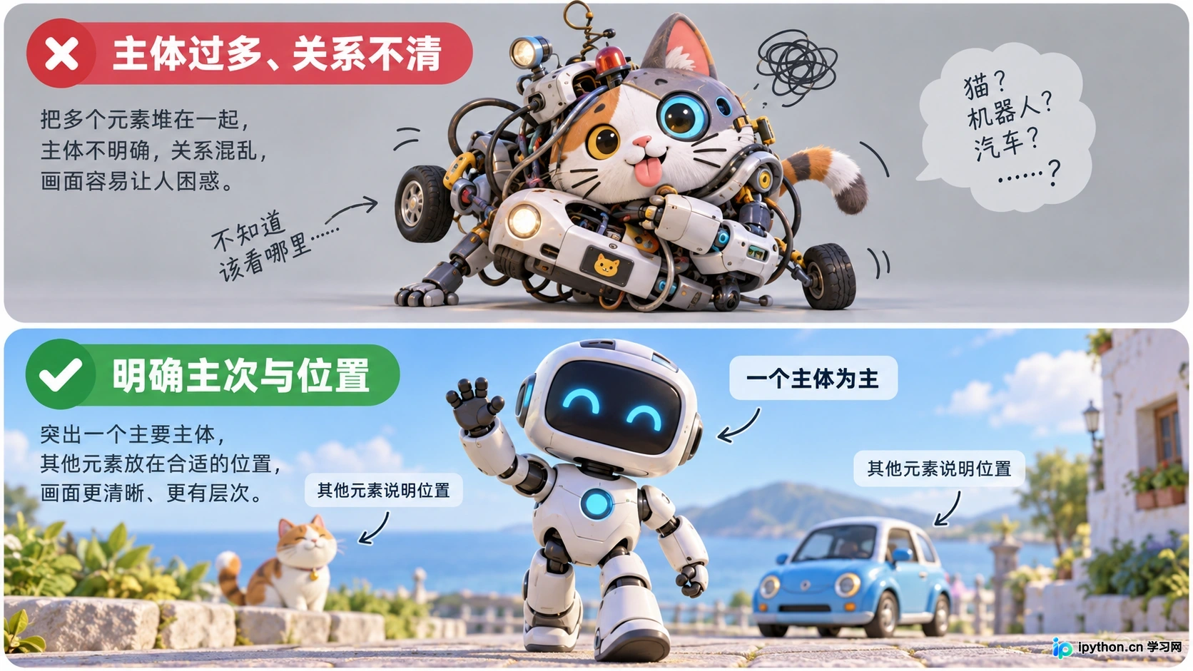 上方为多主体冲突导致的肢体融合错误，下方为主次分明的清晰构图
