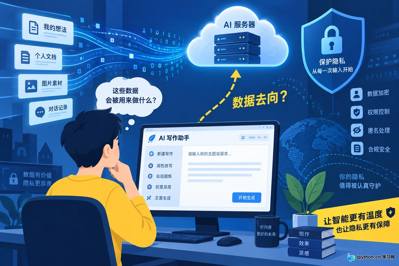 AI写作助手数据处理流程与潜在风险示意