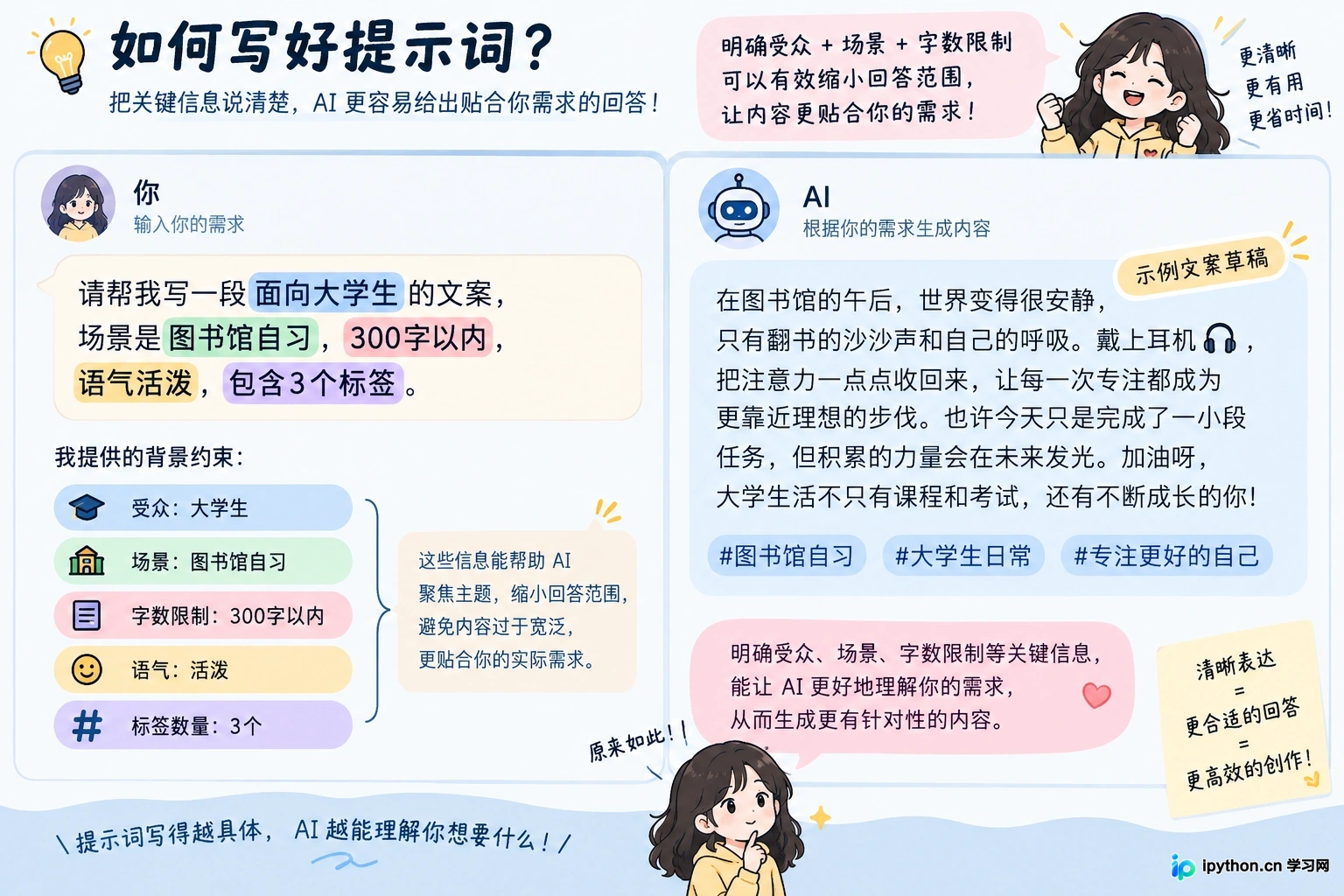 补充受众、场景和字数限制等背景信息，缩小模型猜测范围