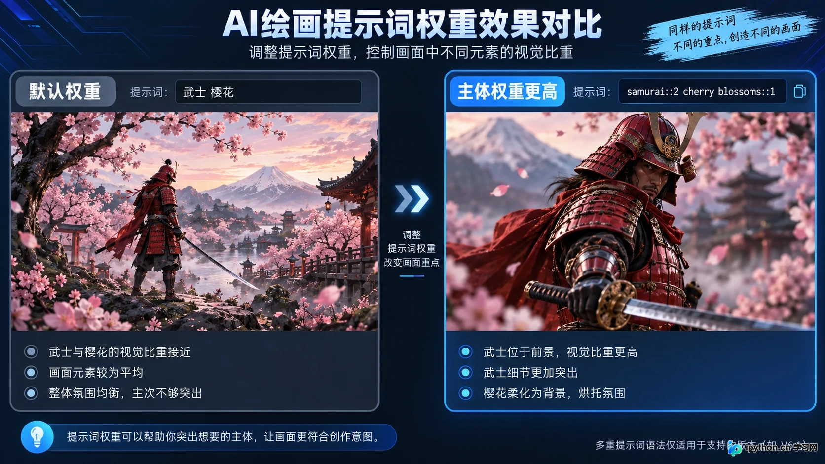 左侧为默认权重,右侧为使用::2加重主体后的效果,主体更突出