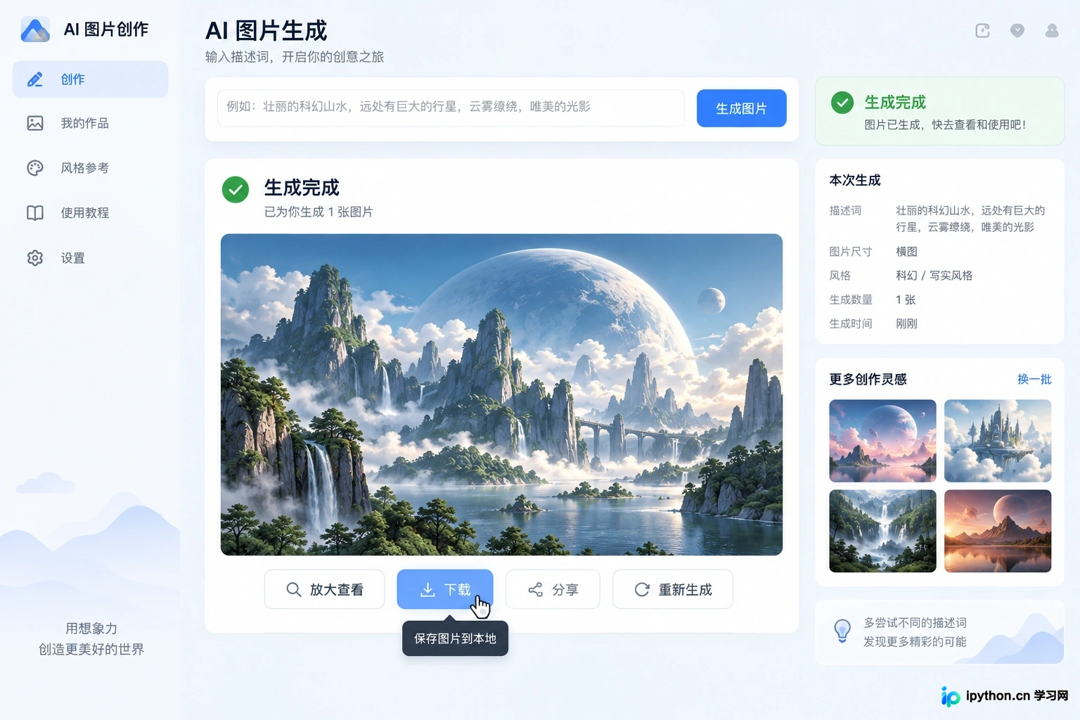 生成完成的图片展示及下载、分享按钮