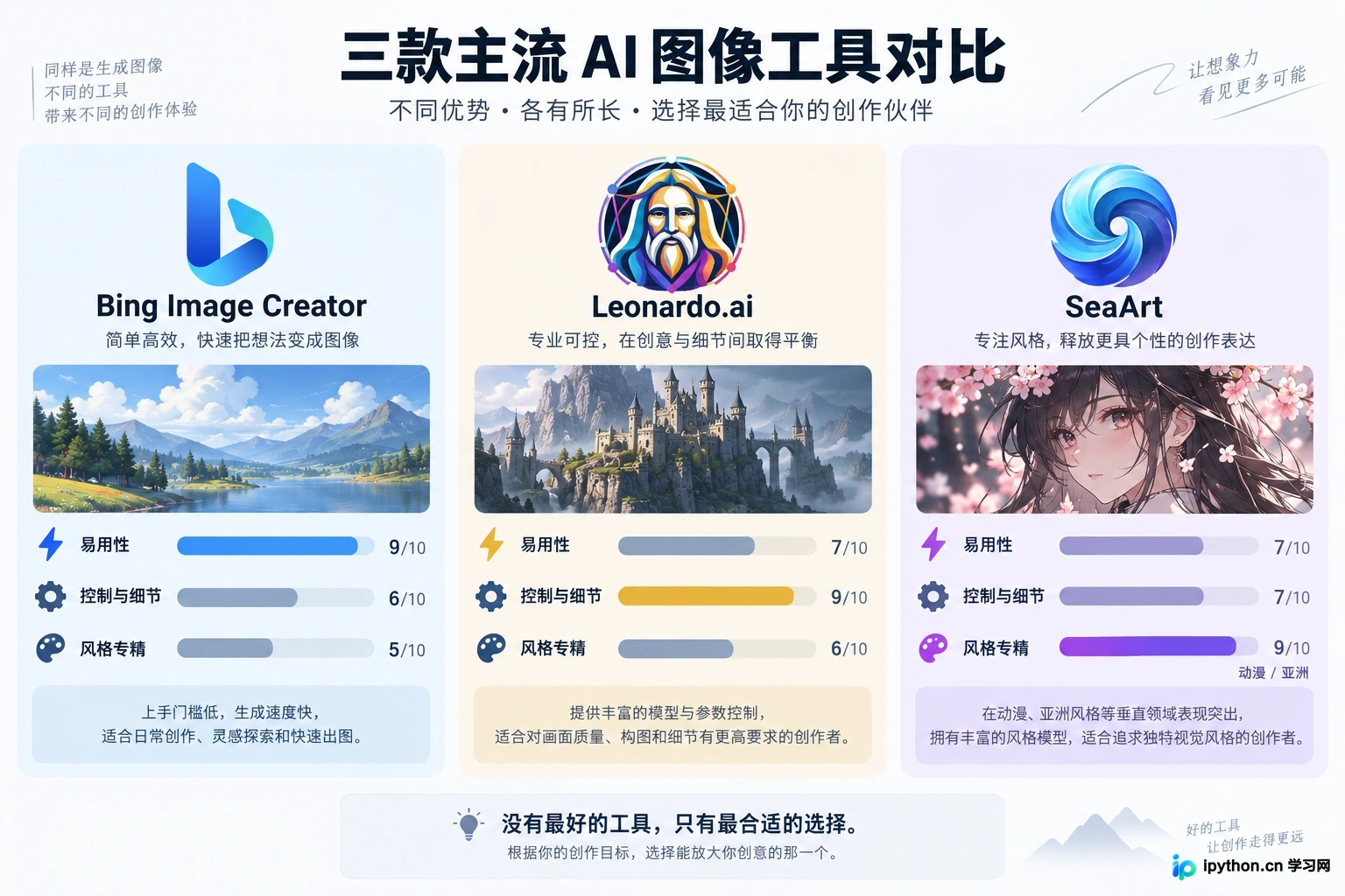 不同工具在便捷性、控制力和风格专精上各有侧重，需根据需求选择