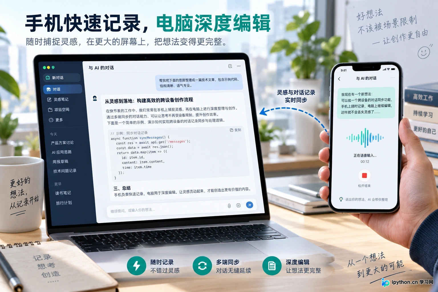 手机端语音输入灵感，电脑端深度编辑的协作流程