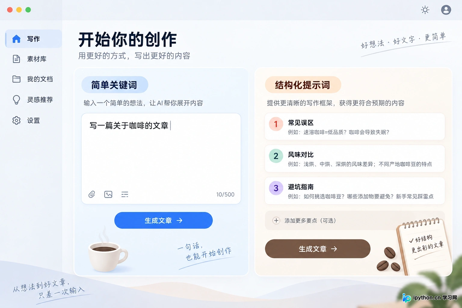 左侧为简单的关键词输入,右侧为包含具体章节要求的结构化提示词