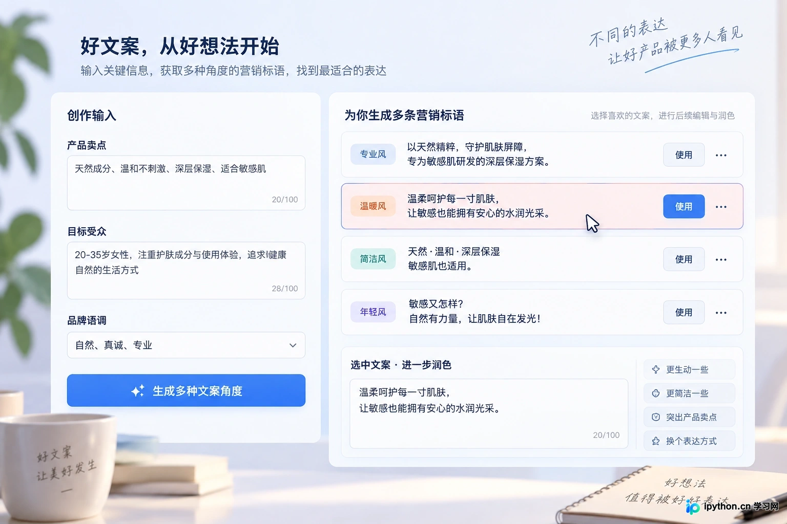 多种文案角度供创作者筛选