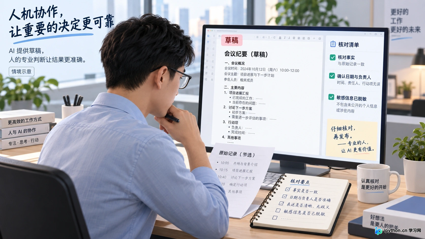 草稿后，需人工核对关键事实与敏感信息