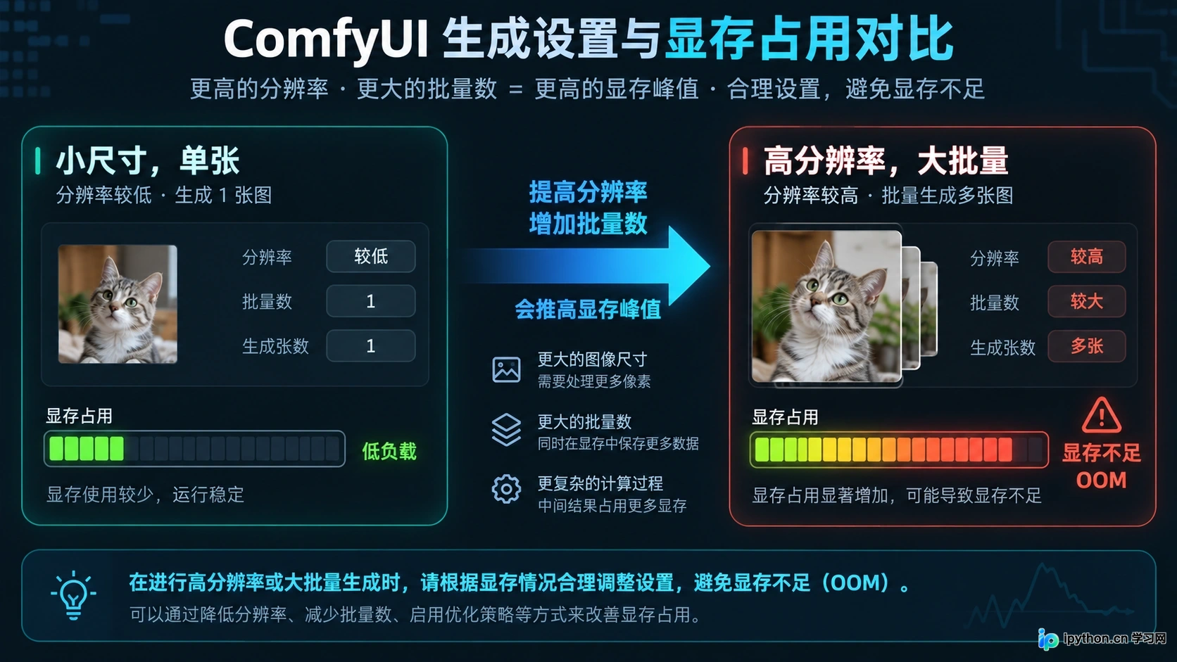 高分辨率和大批量处理会显著推高显存峰值