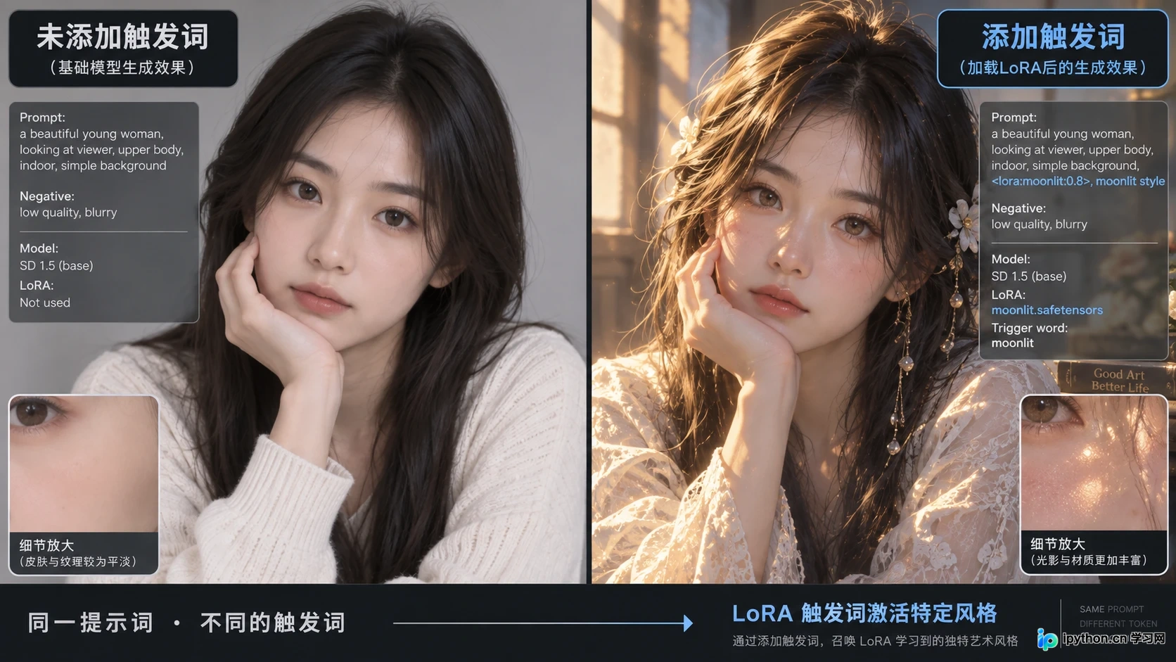 添加触发词能显著激活LoRA的风格特征