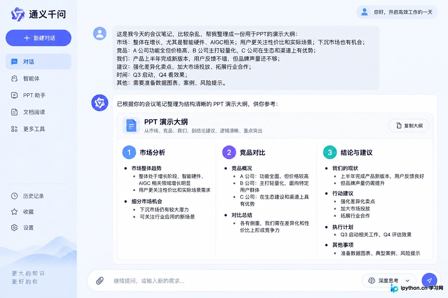AI将碎片化信息重组为层级分明的演示文稿大纲