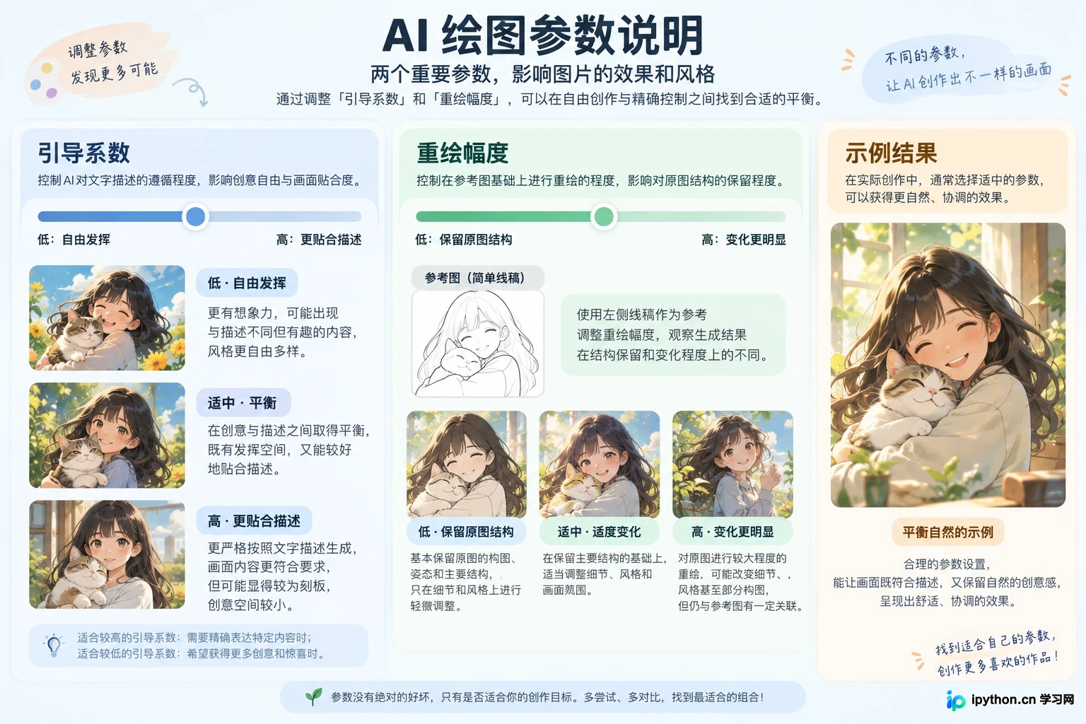 引导系数与重绘幅度对生成结果的影响对比
