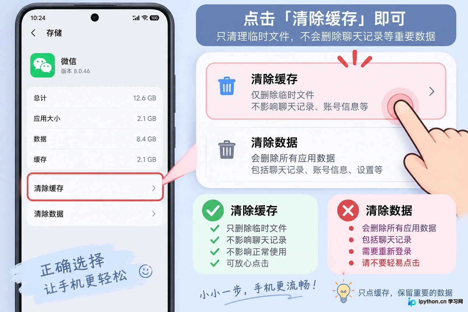 在系统设置中清除应用缓存而非数据