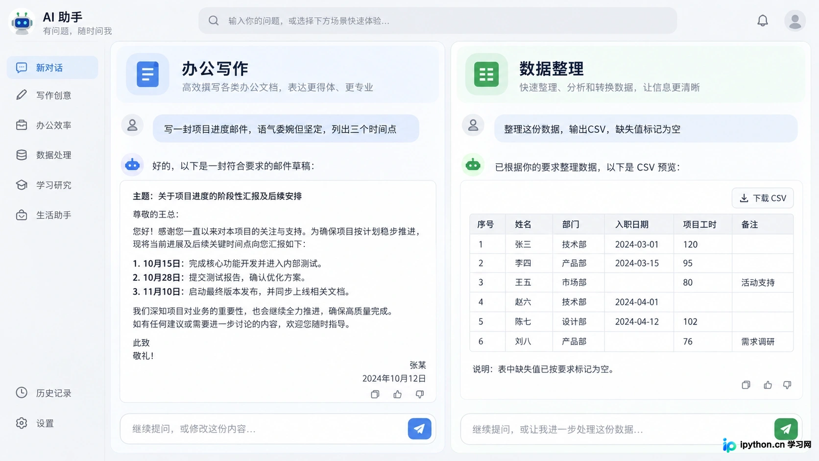邮件撰写与数据整理的提示词对比