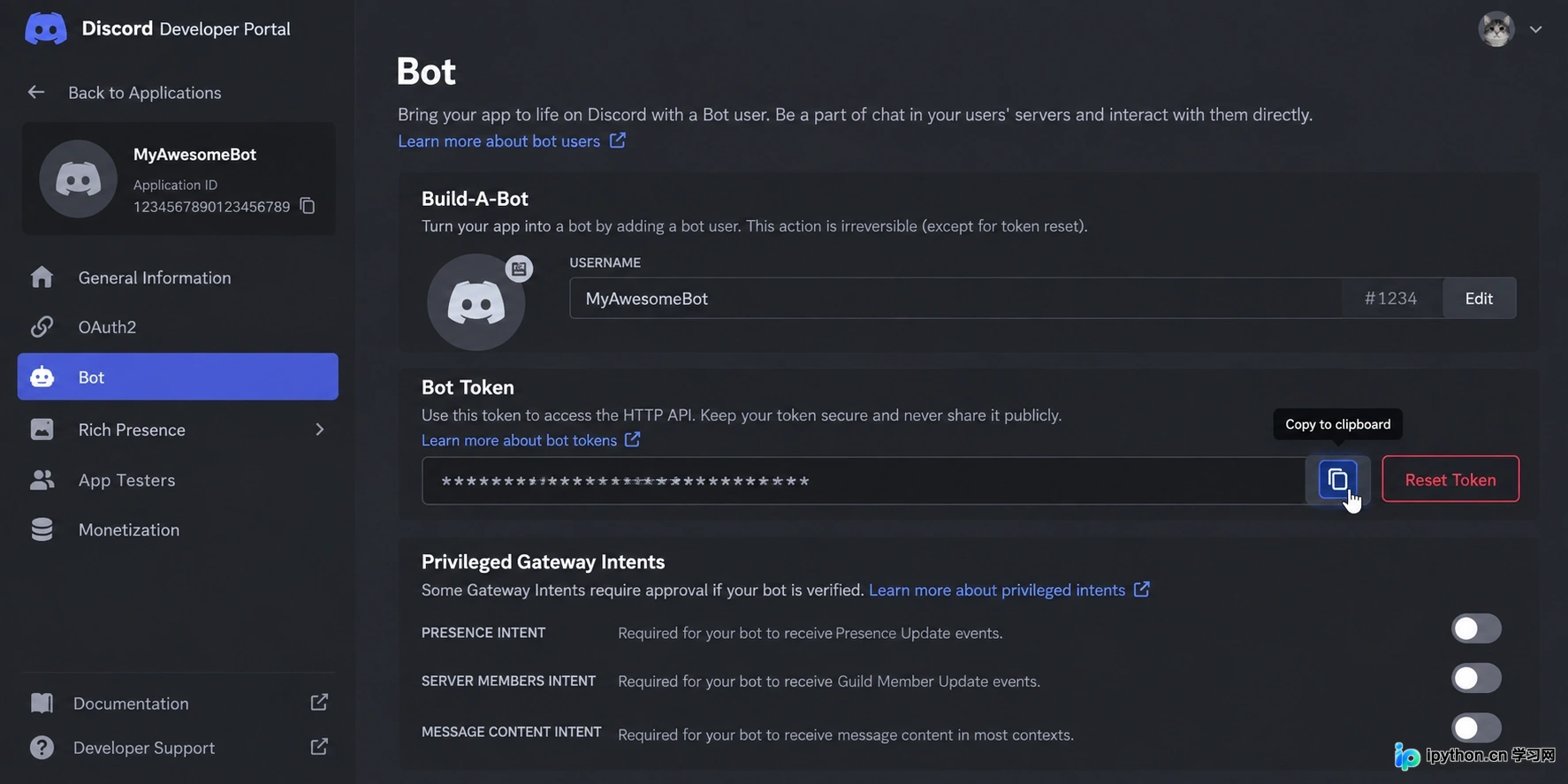 Discord Developer Portal中复制Bot Token