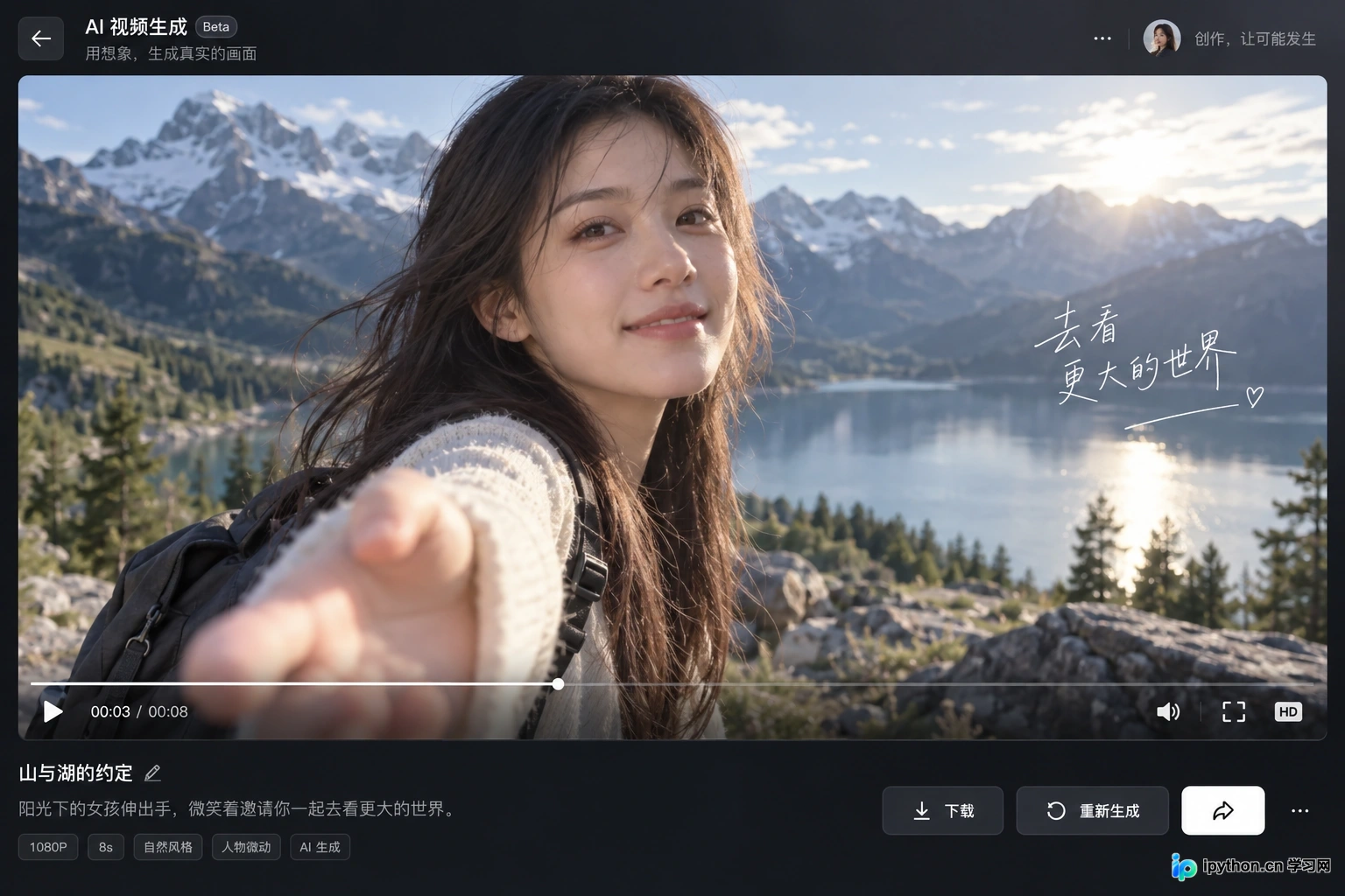 视频生成完成后的预览窗口，便于检查画面细节与连贯性