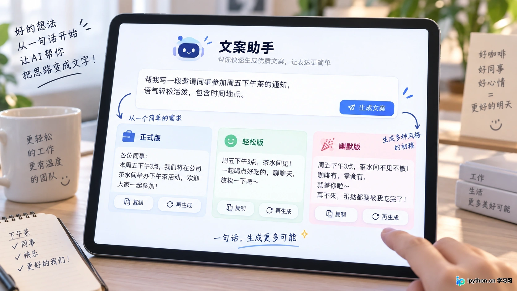 通过简单指令快速生成多风格文案初稿