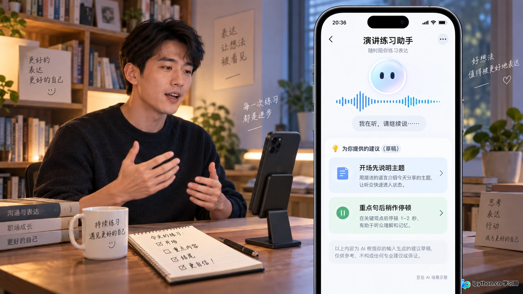 用户与AI进行语音对话的场景,屏幕显示演讲稿与实时反馈