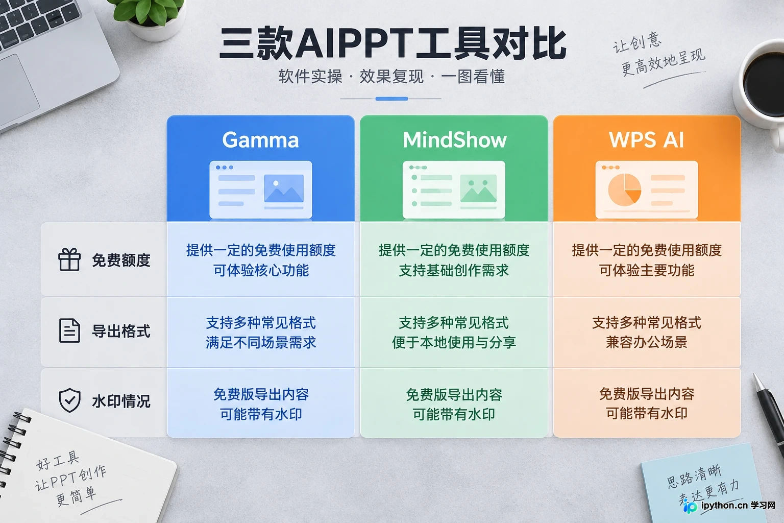 主流免费AIPPT工具特性对比示意
