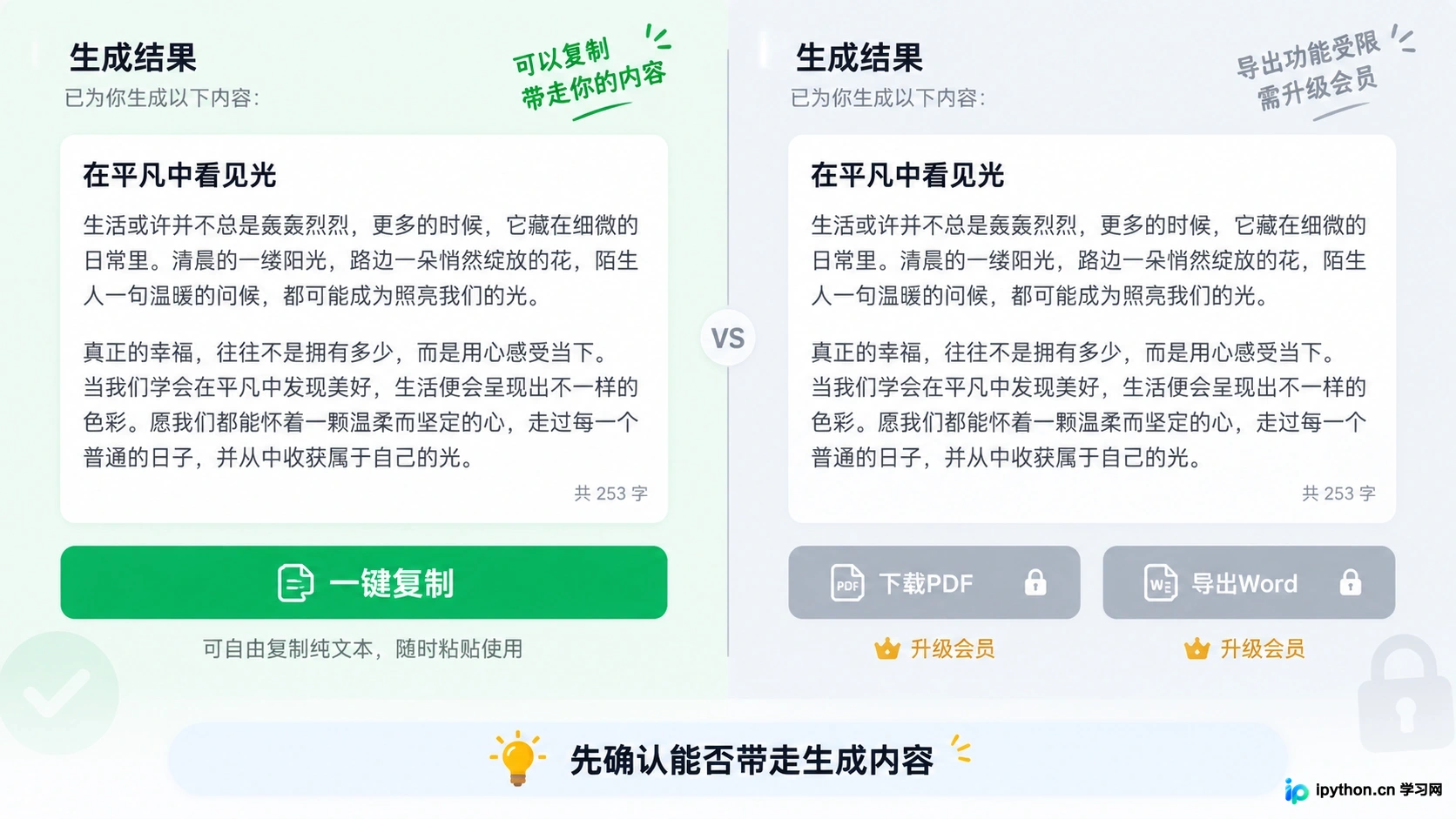 左侧为可自由复制的文本区域,右侧为带锁的导出按钮