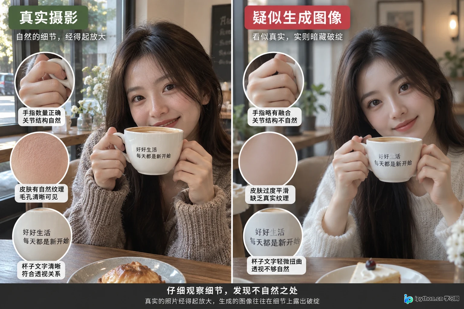 左侧为真实摄影，右侧为，注意手部细节与自然度的对比