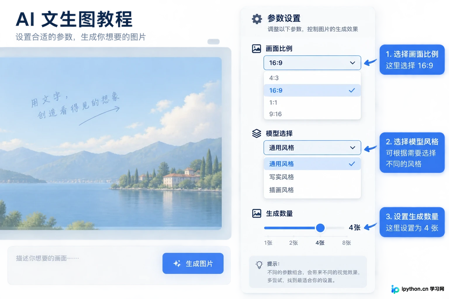 右侧参数面板中的比例、模型和生成数量设置