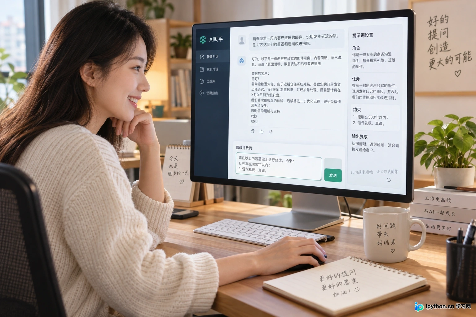一个人坐在电脑前，屏幕上显示着对话界面，用户正在根据AI的反馈调整提示词中的约束条件，表情轻松自信。