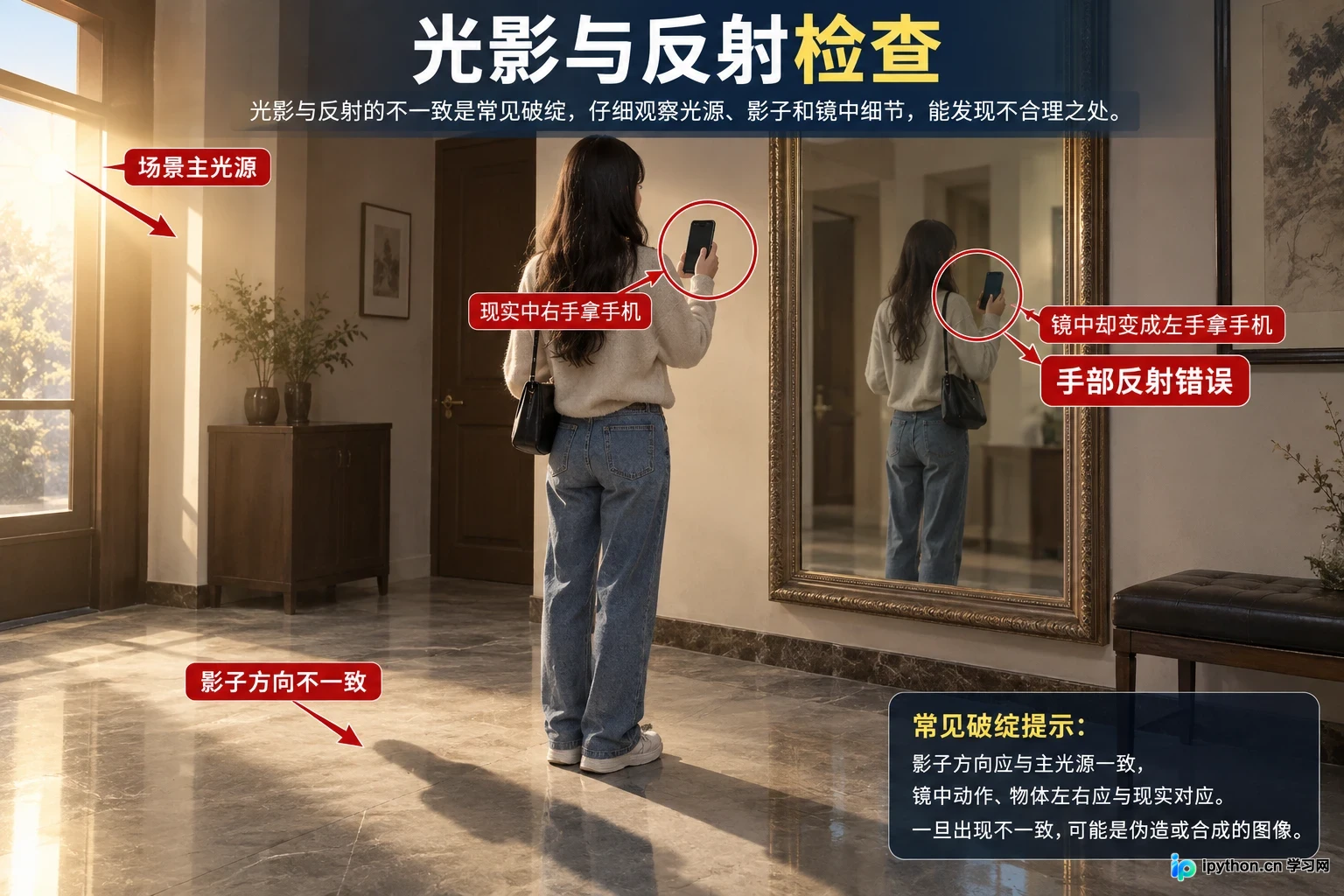 光影与反射的不一致是常见破绽