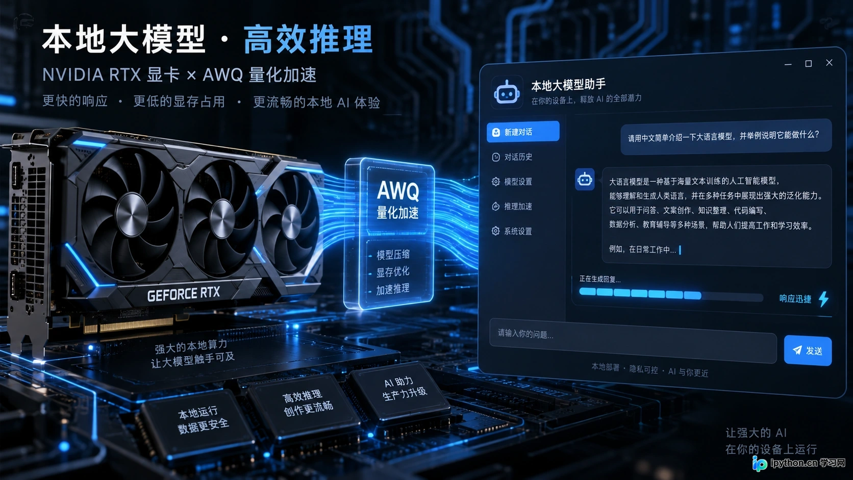 NVIDIA RTX显卡配合ExLlamaV2后端运行AWQ格式，展示高Token生成速度