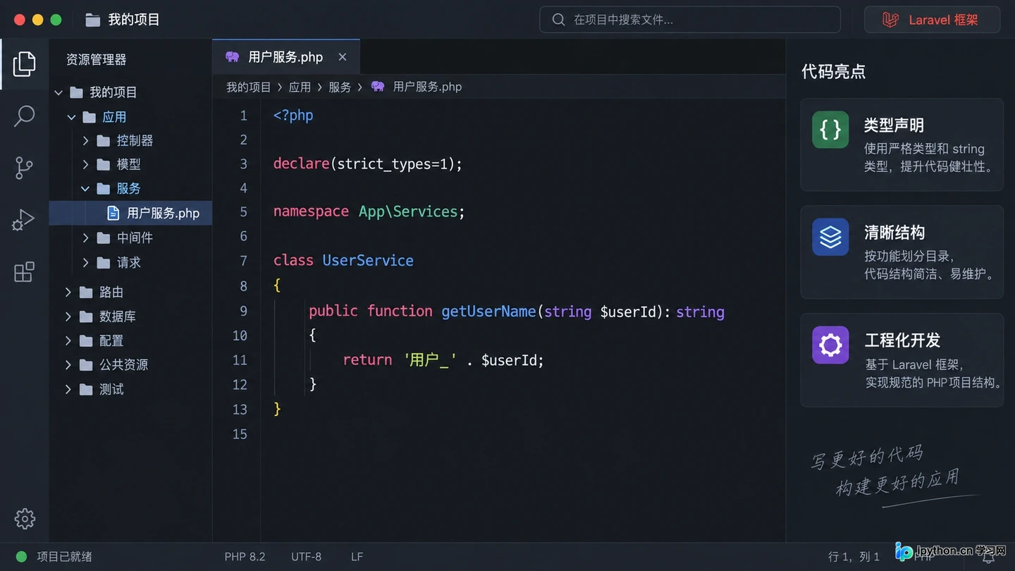现代PHP框架如Laravel提供了优雅的结构和类型支持