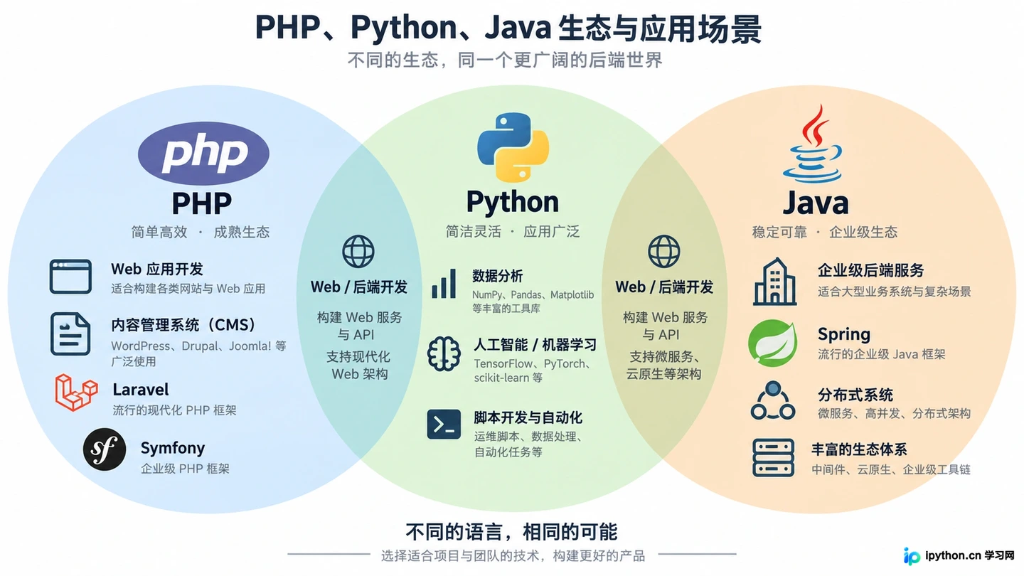 PHP专注Web,Python主导数据,Java统领企业级应用