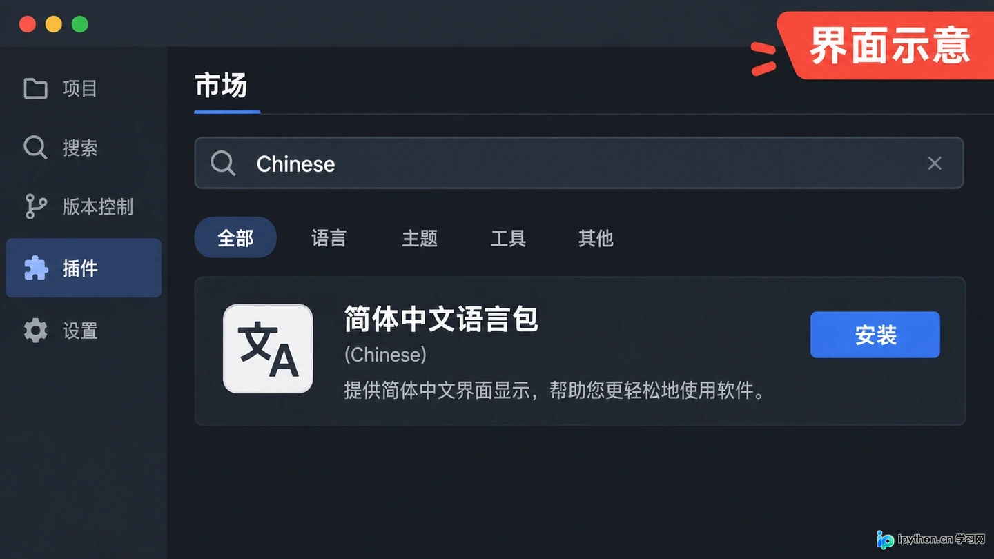 在 Marketplace 标签页搜索 Chinese 并定位官方语言包