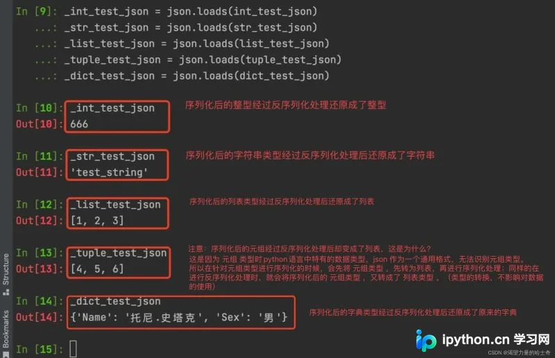 Terminal显示loads函数将字符串还原为原始Python对象的验证结果