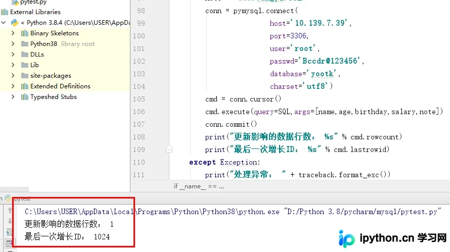 参数化查询执行成功后的终端输出与数据库记录截图