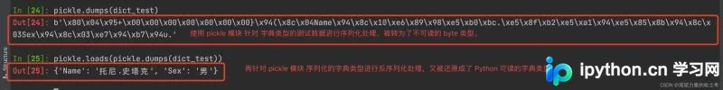 Terminal演示pickle模块对字典数据进行序列化和反序列化操作的结果