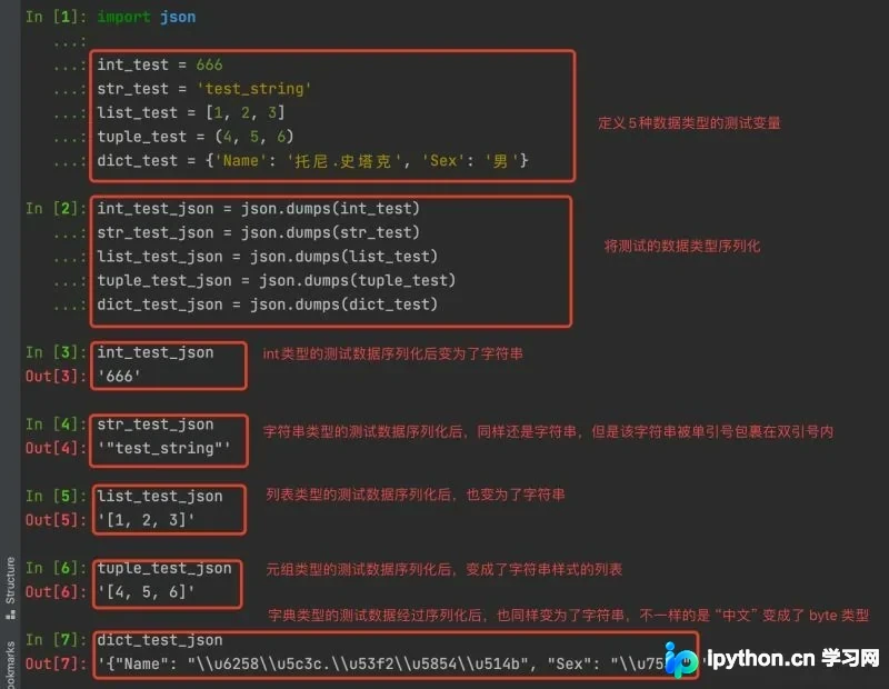 Terminal显示五种基础数据类型经dumps转换后的字符串输出结果