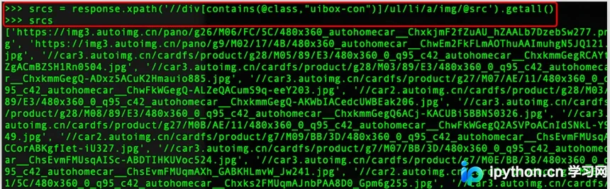 终端打印出由 xpath 规则成功提取的 img 链接列表