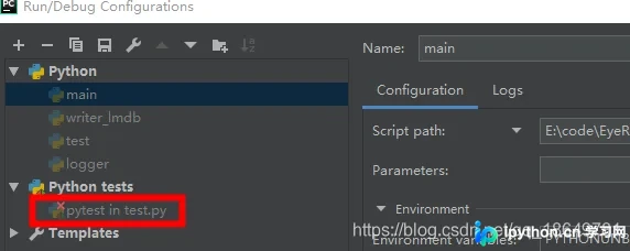 PyCharm Edit Configurations 窗口界面，展示左侧配置文件列表与修改区域