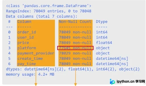 DataFrame.info()方法输出的行列统计结果