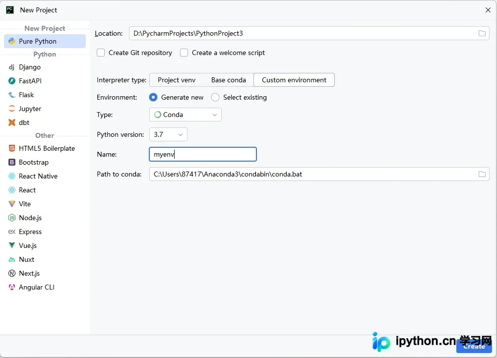 PyCharm新建项目时选择Anaconda环境配置界面