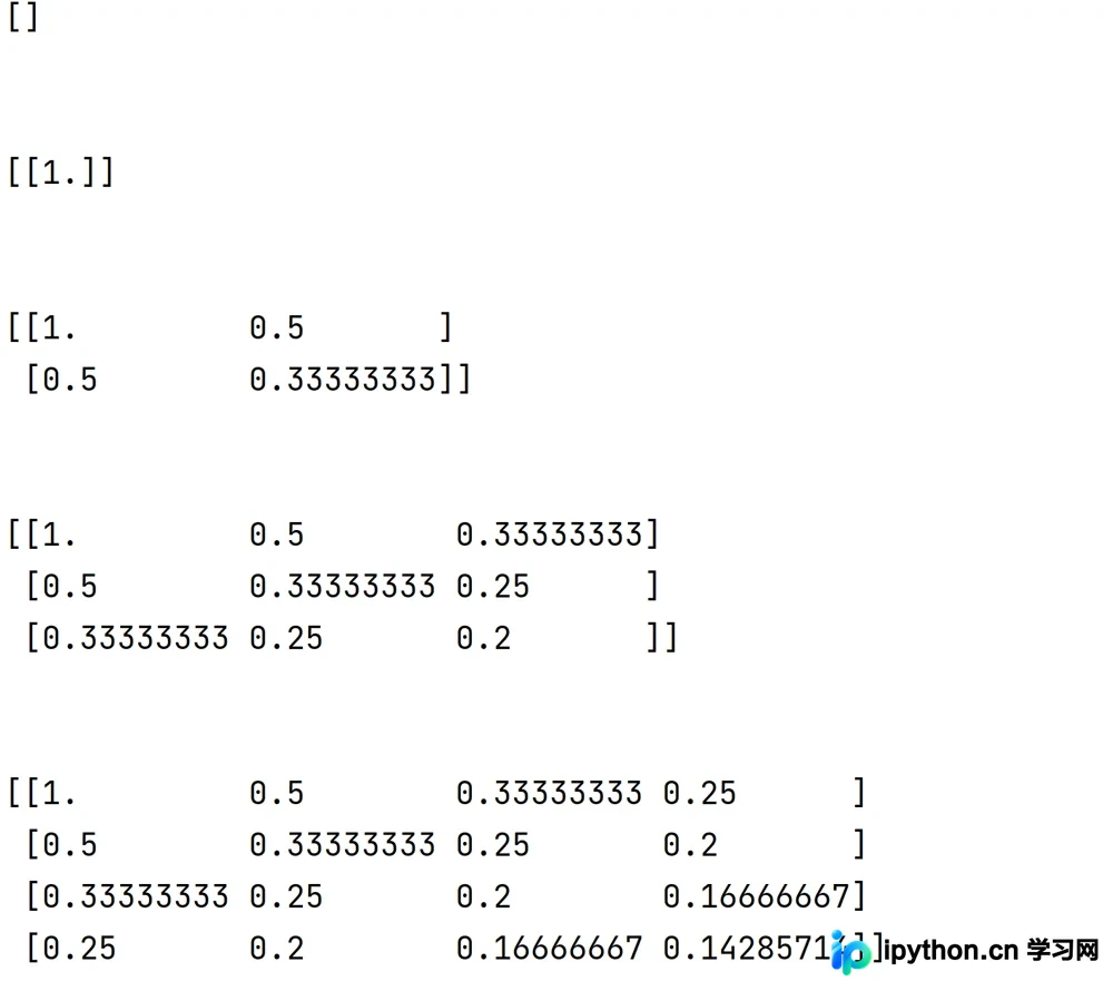 Python终端输出Hilbert矩阵的运行结果截图