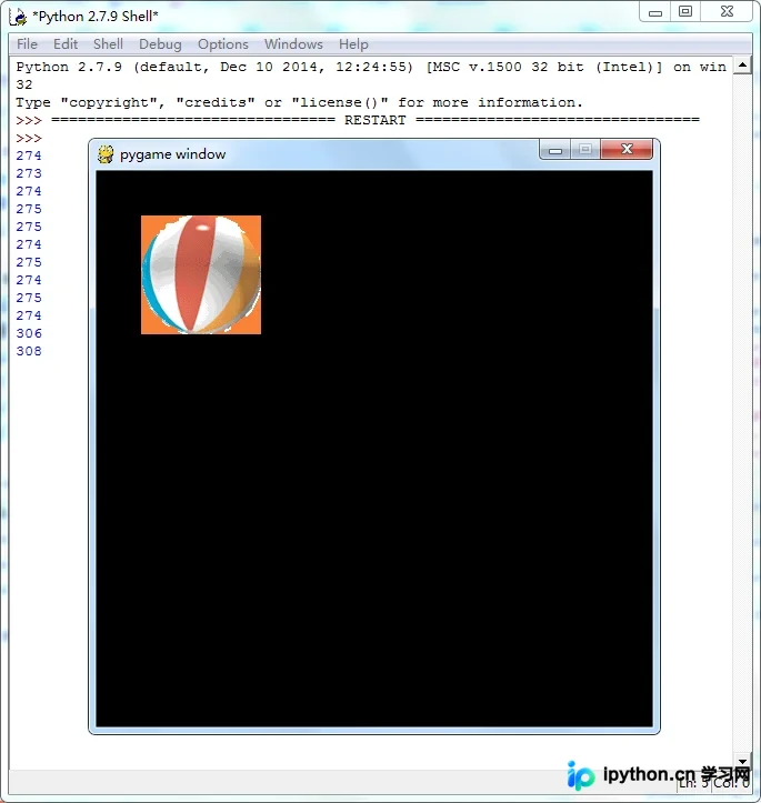 Pygame程序运行演示图:按下键盘方向键时,屏幕内的背景图像随之向对应方向平移