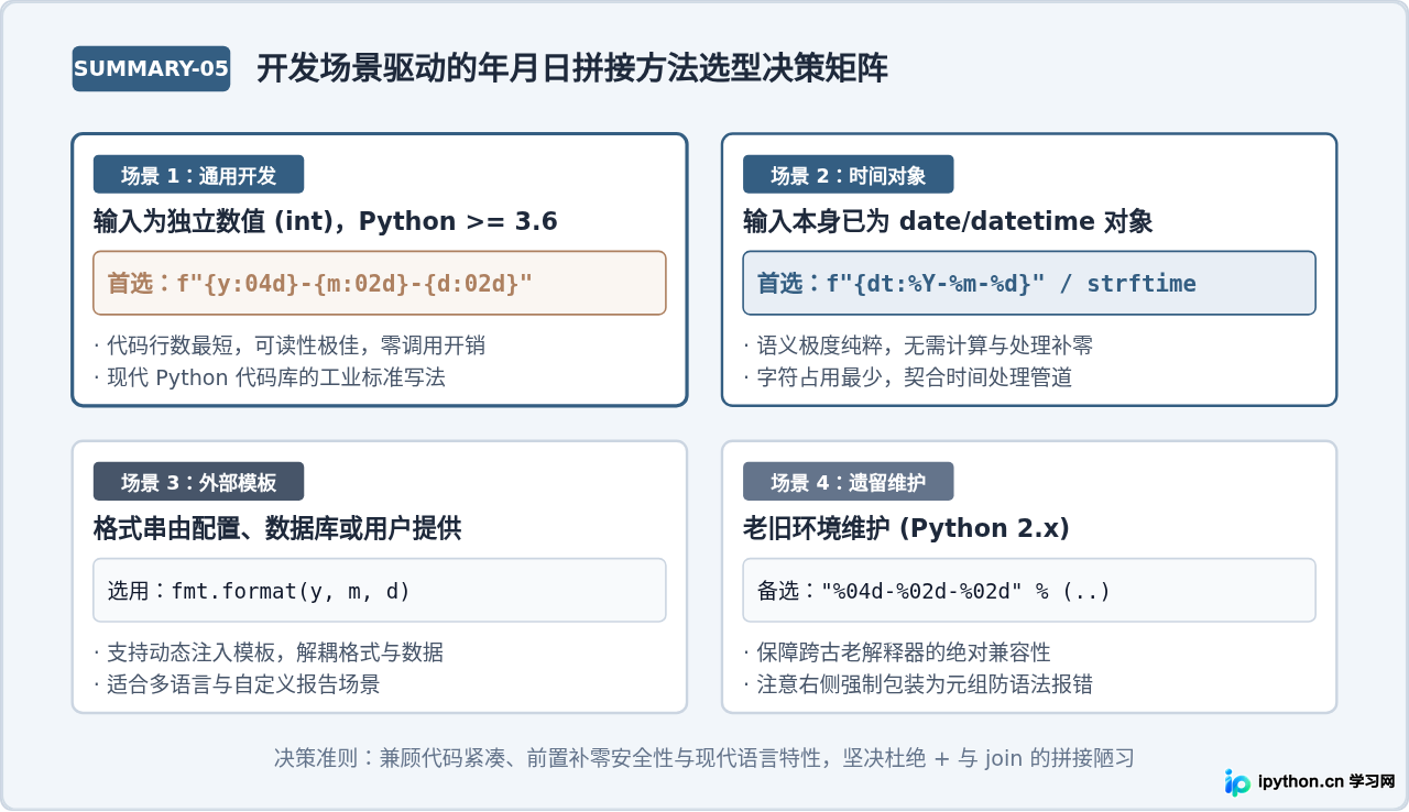 Python多种字符串拼接年月日方法的代码简洁度对比