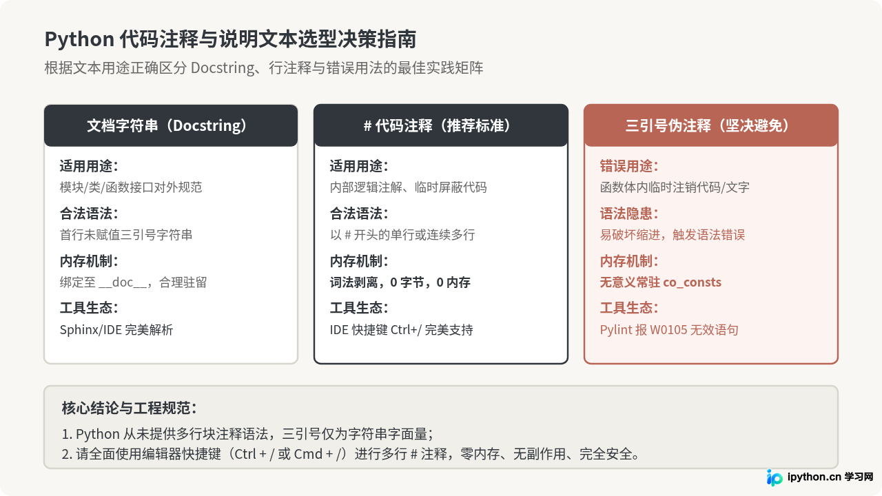 为什么不建议用三引号做Python块注释？多行字符串的内存占用问题