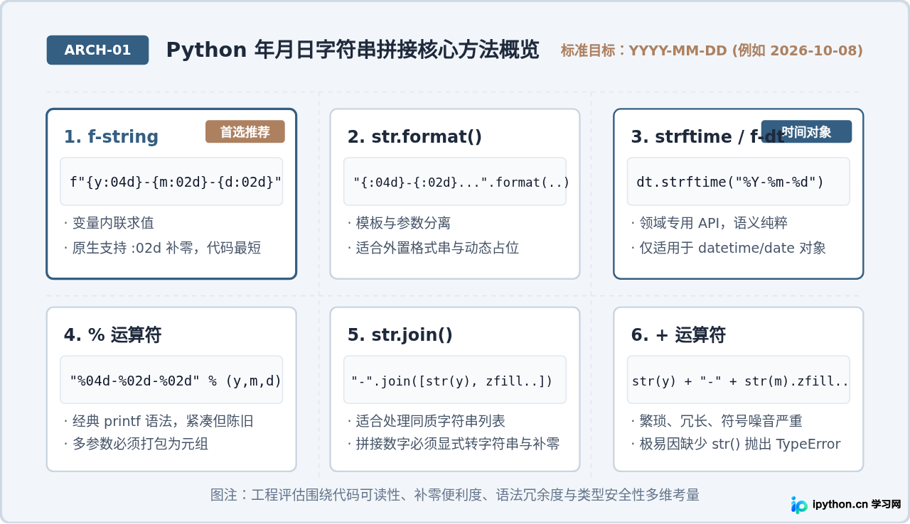 Python多种字符串拼接年月日方法的代码简洁度对比