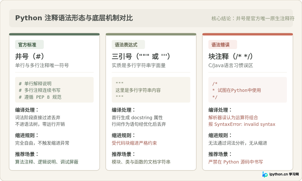 Python有多行注释符吗？澄清/* */误区与正确写法