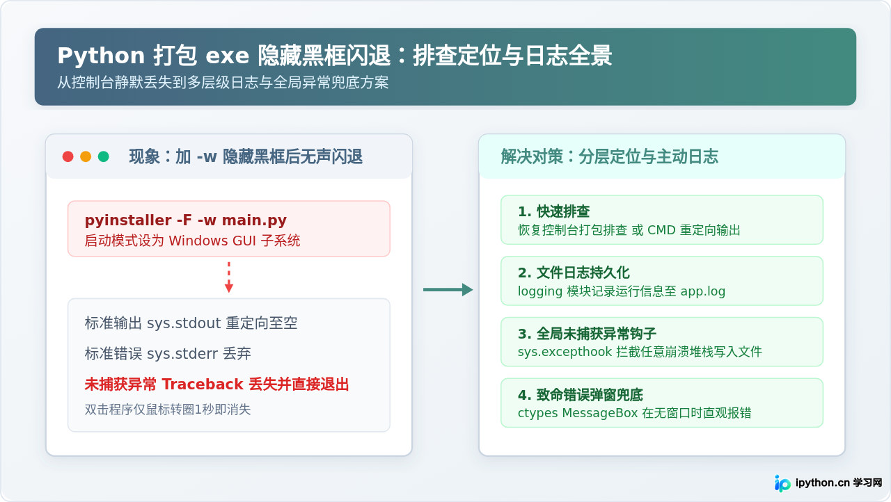 Python打包exe隐藏黑框后闪退怎么调试和查看日志