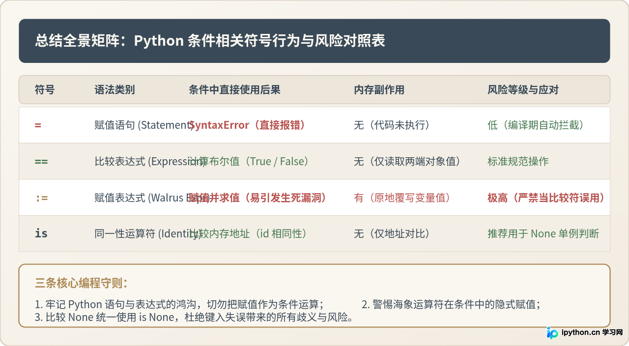 为什么Python条件判断中误用=会报错或产生逻辑错误？