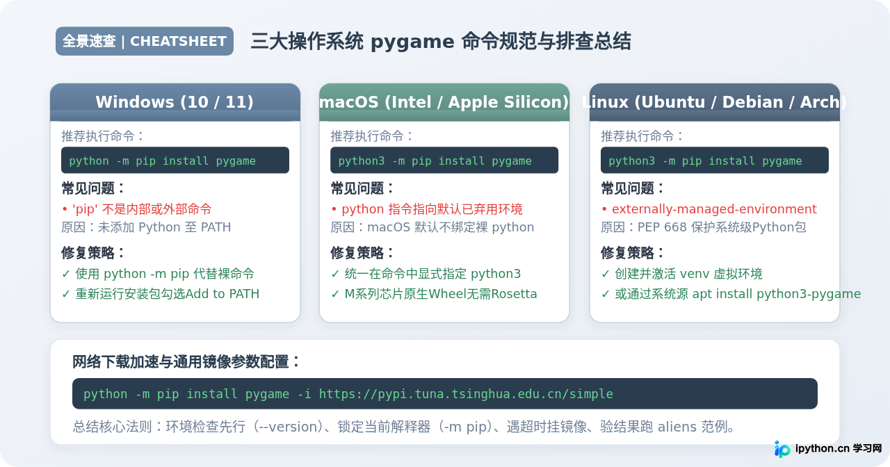Python怎么安装pygame：Windows/Mac/Linux通用pip命令
