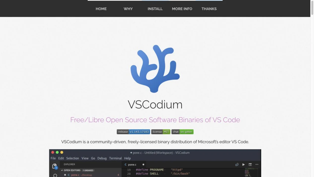 VSCodium 官方网站与应用界面截图
