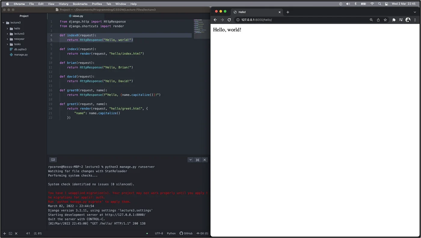 展示真实Python Web开发项目界面,包括Django或Flask项目代码、项目目录结构以及浏览器运行结果。