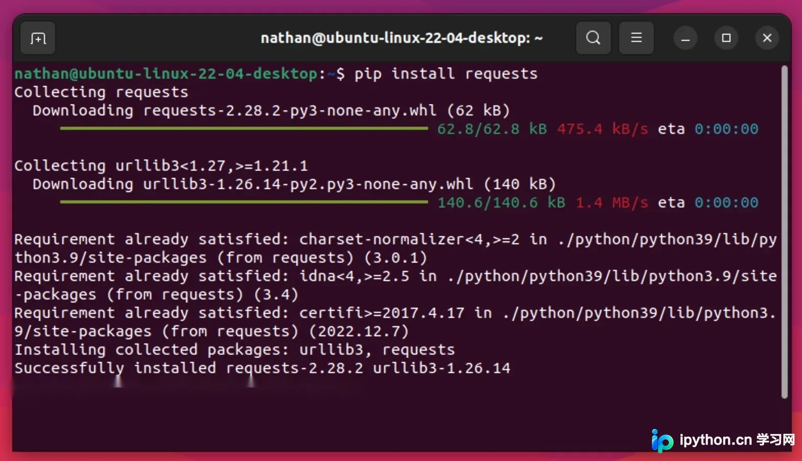 展示终端执行pip install requests并从PyPI下载、安装Python包的真实过程，包含下载和Successfully installed等信息。